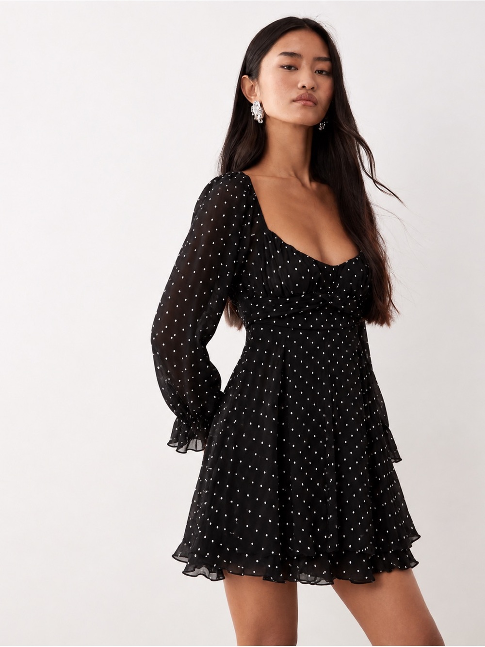 Thirty Thirty Black Long-Sleeve Polka Dot Mini Dress - Size L